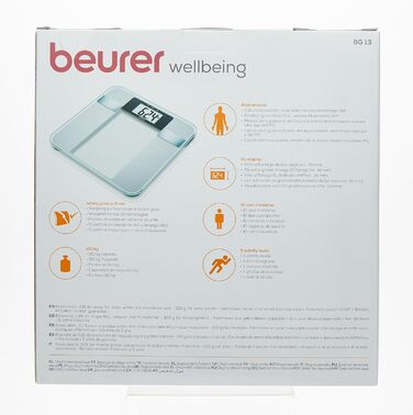 Діагностичні ваги Beurer BG 13 зі скла з великою LCD-індикацією, вимірюють вагу, жир, воду, м'язову масу та ІМТ