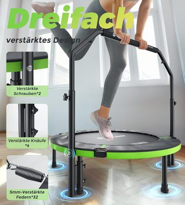 Трамплін для дому BCAN Fitness: діаметр 102/122/130 см, пружинний/з еластичним тросом, для дорослих до 250 кг, з регульованими ручками, тихий та з низькою вібрацією, зелений