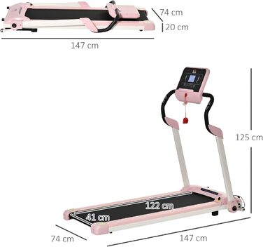 Електрична бігова доріжка HOMCOM 400 Вт, 1-12 км/год, 1,5 HP, LCD-дисплей, тримач для телефону, для дому, фітнесу, рожева, 134x60x118 см