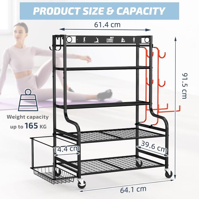 Органайзер для йоги Mythinglogic Regal: килимок, роли, гантелі, блоки. Стенд для фітнес-обладнання. Чорний
