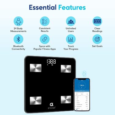 Arboleaf Розумна вага-аналізатор тіла з Bluetooth і додатком, до 180 кг, вимірювання жиру, ІМТ, м'язової маси, води, білка, пульсу, BMR
