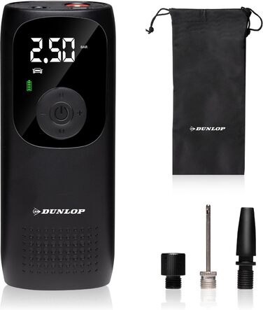 Електричний компресор Dunlop 150PSI, USB-C, велосипедний насос для всіх вентилів, насос для м'ячів, 10 Бар з манометром, пластиковий, чорний