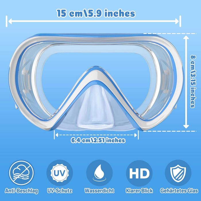 Дитячі маски для снорклінгу COOLOO з наголов'ям, 180° панорама, HD, анти-запар, анти-тік, для дітей 4-16 років (3-Блакитний)