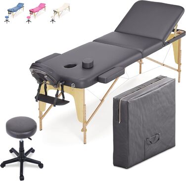 Мобільний масажний стіл Beltom® з 3 зонами, складний + табурет для косметології - рожевий (чорний)