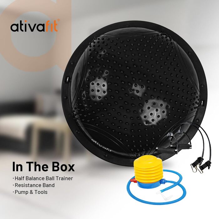 Йога-балансборд Ativafit 60см, до 300 кг, з помпою та експандером. Чорний фітнес-м'яч для балансу, йоги та силових тренувань