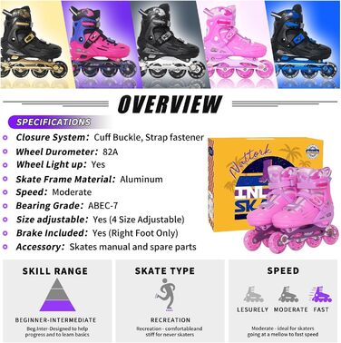 Інлайне ролики Nattork для дітей та дорослих, регульовані, рожеві, розмір 32-36