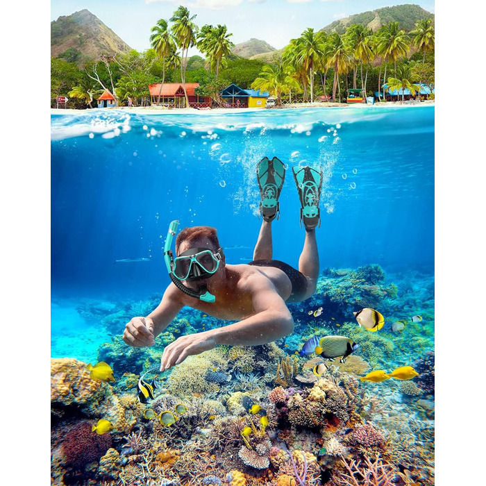 Набір для снорклінгу Zenoplige для дорослих: маска, трубка та ласти. Чорний з зеленим (2023) S/M