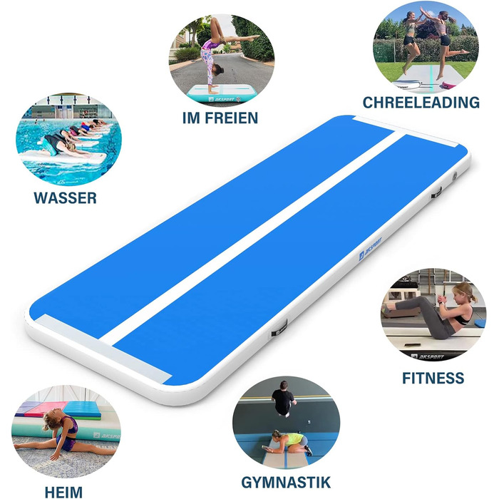 AKSPORT Надувний гімнастичний мат з повітряною подушкою, 3/4/5/6м, 10/20см, 300x100x10см, синій