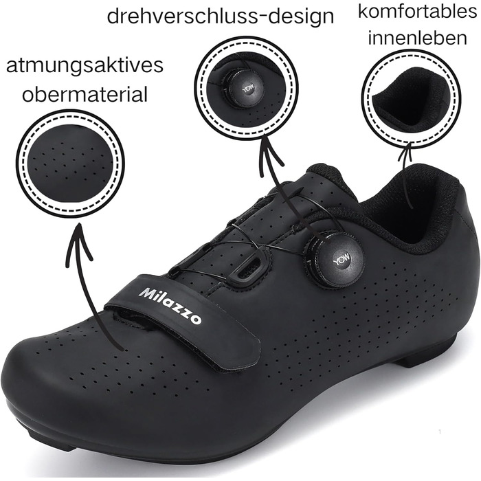 Чоловічі велотуфлі Milazzo для шосе, MTB та велотренажера – дихаючі, сумісні з SPD, SPD-SL, Look Delta, чорний, 45 EU