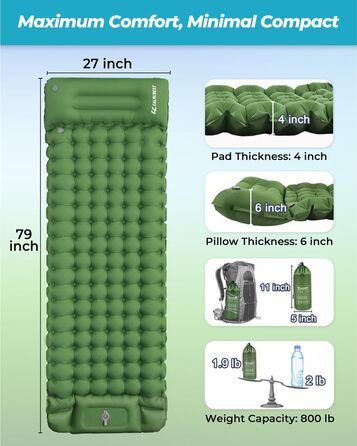 Надувна туристична матрац COOLERO з помпою та подушкою, зелена. Легка, компактна, для кемпінгу та подорожей.