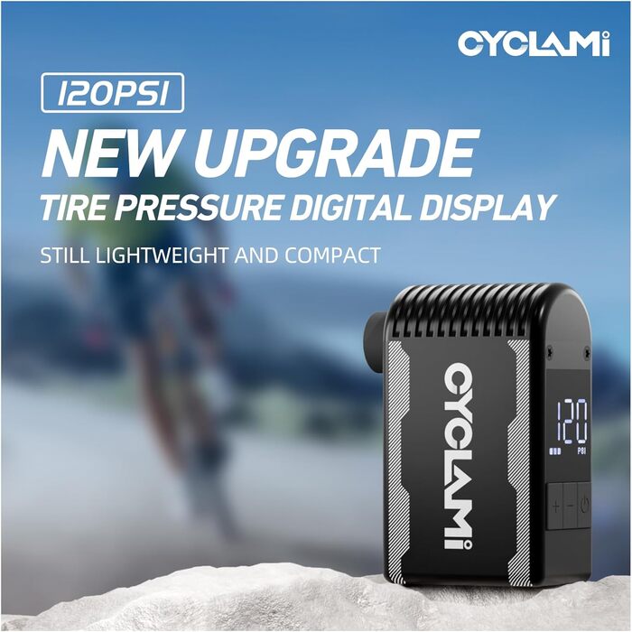 Електричний міні-насос для велосипеда CYCLAMI A2S з USB-C, автоматичним вимірюванням тиску та відключенням при 120 PSI, підходить для ніпелів Presta і Schrader