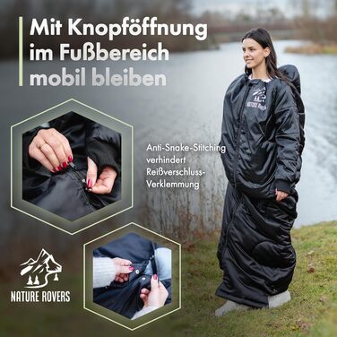 Спальний мішок з рукавами Nature Rovers – дорослий, для кемпінгу та відпочинку на природі (3 сезони), водонепроникний, з отворами для ніг, включає подушку, чорний