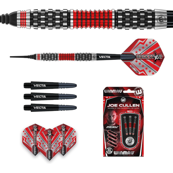 Дротики WINMAU Joe Cullen Rockstar RS 1.0, професійні, вольфрамові, з оперенням та стрижнями