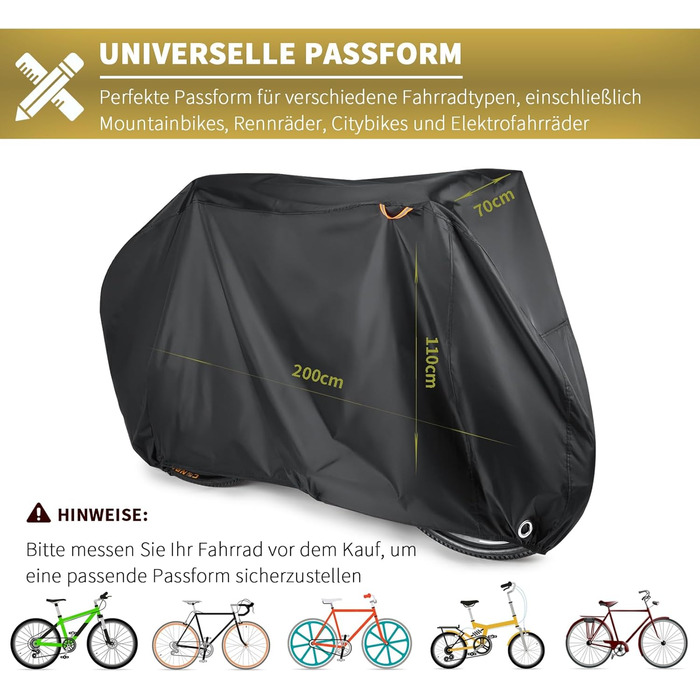 Чохол для велосипеда BEEWAY 200 x 110 x 70 см – Водонепроникний та вітростійкий, захист від сонця, для велосипедів до 29 дюймів, XXL, чорний/срібний