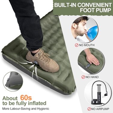 Каремат туристичний Isomatte самонадувний, 12 см, товстий, вологостійкий, з насосом для ніг та подушкою, антиковзаюча поверхня, для кемпінгу, пікніків, відпочинку на природі, армійного кольору