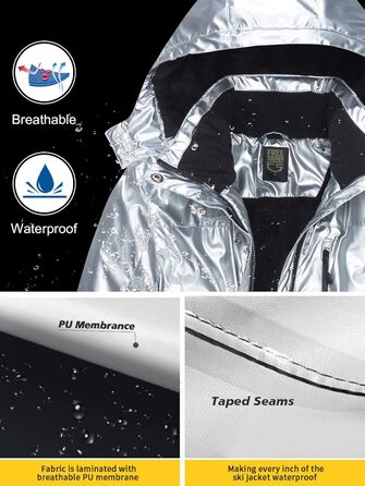 Жіноча водонепроникна куртка для сноубордингу та лижного спорту FREE SOLDIER з флісовою підкладкою та капюшоном. Тепла зимова куртка-дощовик з повністю проклеєними швами (L, срібляста)