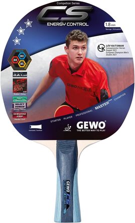 GEWO CS Energy Control – тенісна ракетка для настільного тенісу, ITTF, з контрольованим покриттям і високою обертальністю, 1,8 мм губка, червоно-чорна, ергономічна (конкава) ручка
