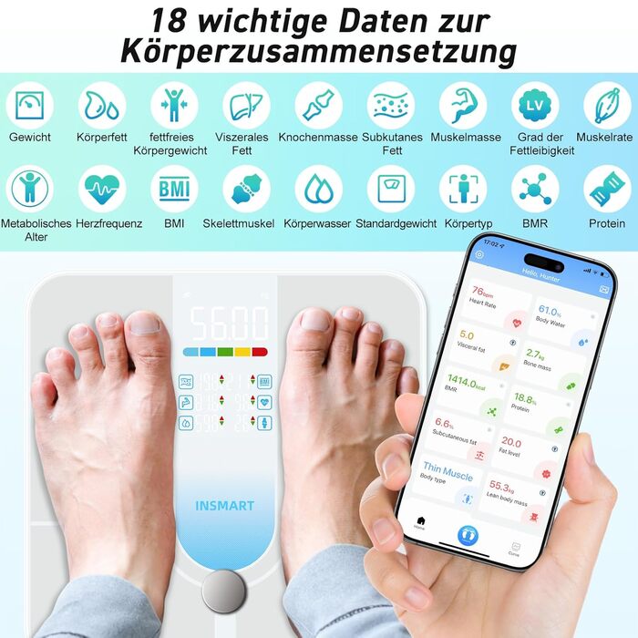Інсмарт Розумна вага з великим дисплеєм, 227 кг/500 фунтів, аналіз складу тіла, Bluetooth, APP, 18 показників (BMI, вага, жир, м'язи, пульс), біло-помаранчевий/блакитний колір