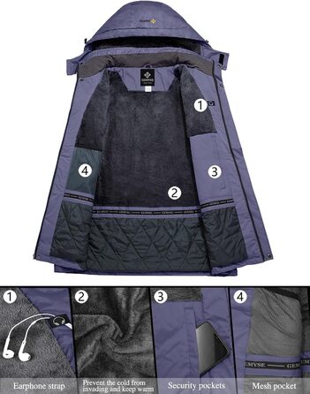 Жіноча лижна куртка GEMYSE: водонепроникна, тепла, вітрозахисна, зимова, сіра, фіолетова, XL