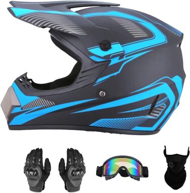Мотошолом Motocross, повний, унісекс, для катання на велосипеді, мотоциклі, з окулярами, маскою та рукавичками, небесно-блакитний, L