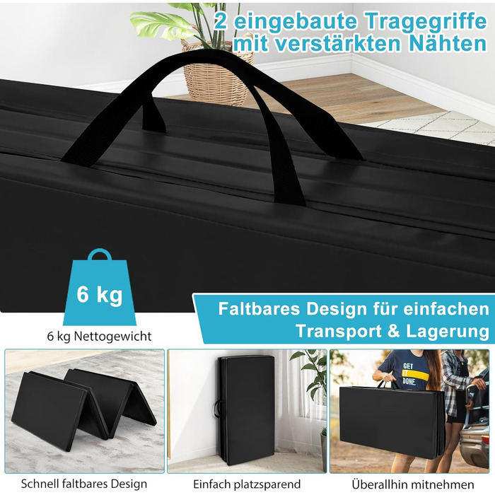 Складаний гімнастичний мат COSTWAY 240x120x5 см чорний, фітнес-мат для йоги та тренувань із ручками і липучками