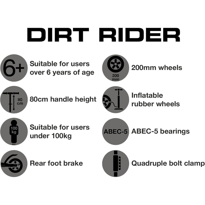 Двоколісний трюковий самокат ATOM Dirt Rider Roller для бездоріжжя, максимальне навантаження 100 кг, для дорослих і підлітків від 6 років