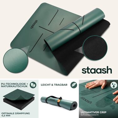 Преміум набір для йоги STAASH: килимок з PU та натурального каучуку (4,5 мм), рушник, ремінь та колінна подушка, поглинаючий та протиковзкий, Dark Evergreen
