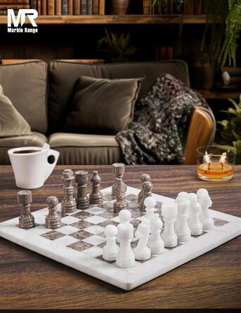 Шаховий набір з мармуру для дорослих, ручної роботи, 32 фігури, 2 додаткові королеви, коробка для зберігання, подарунок, декор (Кораловий & Темно-коричневий) (Білий & Океанічний)