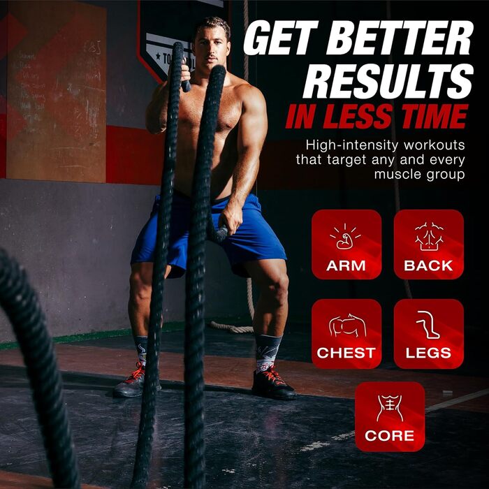 Бойове канат для тренувань з анкерним ременем та інструкцією - Міцний захисний чохол - 100% поліестер Dacron, 7.6 см (3 дюйми) діаметр x 9.1 м (30 футів) довжина - для силових тренувань, кардіо, кросфіту. Чорне бойове канат з DuraMax-чохлом та анкерним ре