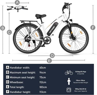 Електровелосипед HITWAY 28 дюймів для міста, 250W, 36V 12Ah, білий, для чоловіків і жінок, 7 швидкостей, запас ходу до 90 км