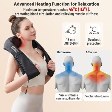 Масажер для шиї та тіла 3D Shiatsu з підігрівом - електричний масажер для шиї, плечей, спини та ніг з 16 масажними головками, 3 режимами, автовимкненням