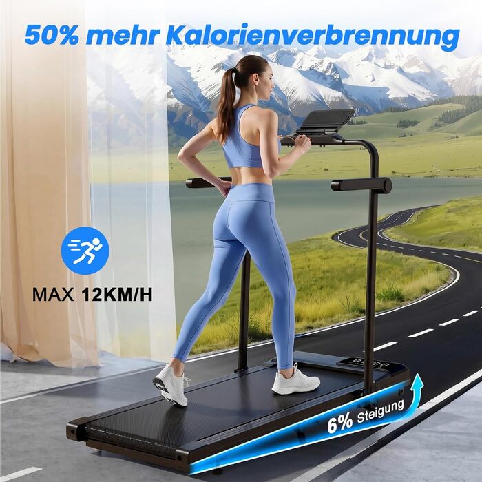 Бігова доріжка Walking Pad 4-в-1 з нахилом 6%, 12 км/год, складна, з APP та пультом, до 136 кг, чорна