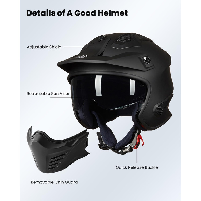 Мотошолом інтегральний IL Helmets 726X XL чорний матовий, ретро-вінтажний стиль, з візором, ECE сертифікат, для чоловіків та жінок, крос/ендуро