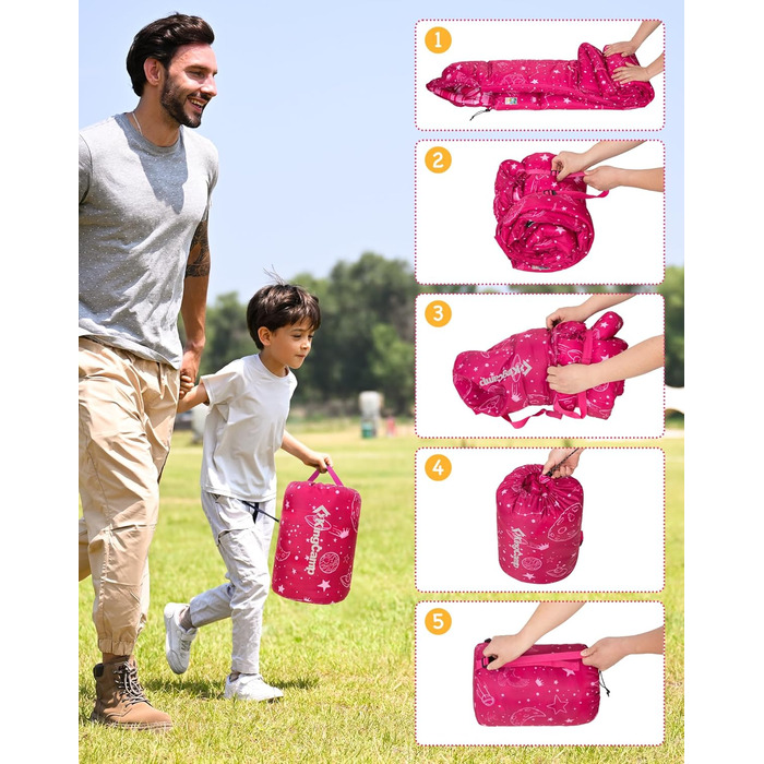 Спальний мішок KingCamp для дітей, фланелевий, легкий, водонепроникний, компактний, зимовий, 4 сезони, для кемпінгу, підходить для дітей до 140 см, комфортна температура: 7°C, рожевий, регульована довжина