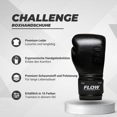 Боксерські рукавички Flow Challenge з натуральної шкіри для спарингу та тренувань, Муай Тай, кікбоксинг, ММА, бойові мистецтва, чоловічі та жіночі, чорні, 12 oz
