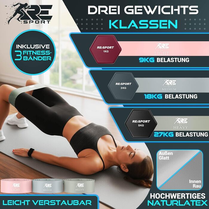 Набір гантелей Hantel-Set: 1 кг - 5 кг, 12 кг або 18 кг зі стійкою та 3 еластичні стрічки. Нековзкі неопренові гантелі для жінок та чоловіків. Кольори: пурпурний, туманно-сірий, чорний (18 кг)