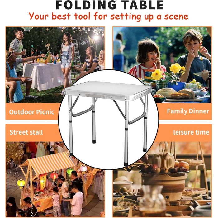 Складаний столик Qimu 60 см, алюміній, для саду та пікніка, 2 висоти (26/56 см), білий