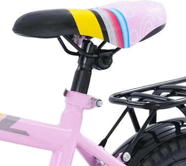 Дитячий велосипед 14 дюймів для хлопчиків та дівчаток з додатковими колесами, кошиком та заднім сидінням, регульована висота, сталевий велосипед для дітей 3-6 років, рожевий