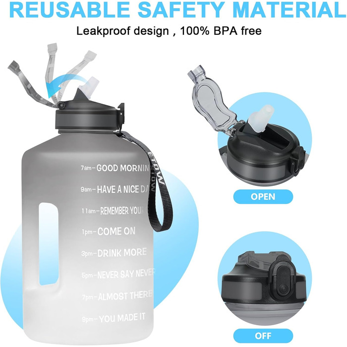 Спортивна пляшка для води 3,78 л з позначками часу та трубочкою, BPA Free, витокозахисна, сіро-біла