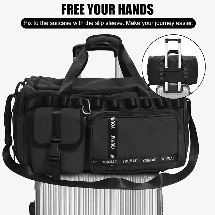 Спортивна сумка для подорожей 65Л для жінок та чоловіків, містка дорожня сумка з відділенням для взуття та вологих речей, сумка для залу та плавання (Чорна)