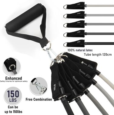 Набір фітнес-резинки 5 шт., спортивні еластичні стрічки опору 5 рівнів, резинки з кріпленням для дверей, ручки, манжети для щиколоток, портативні для нарощування м'язів та пілатесу, чоловічі/жіночі (сірі)