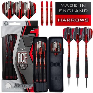 Дарти Ace Rubber Black (Сталеві дротики) з кейсом, 20/22/24/26 г, Supergrip, 100 мікрон Marathon Flights, чорні