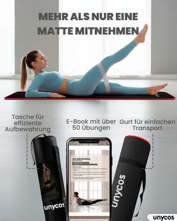 Килимок для йоги Unycos з неслизькою поверхнею | Висока щільність 6/10/15 мм, фітнес-килимок для гімнастики з ременем для перенесення【включено E-Book】Шкірно-дружній килимок для пілатесу, тренувань, спортзалу (#17 Чорний + Червоний, 183*66*1 см)