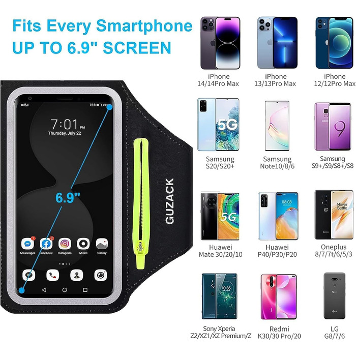 Спортивний браслет на руку для бігу з відділенням для телефону та ключей, чорний. Сумісний з iPhone 17/16/15/14/13/12/11 Pro Max/Plus та іншими смартфонами до 6.9 дюймів