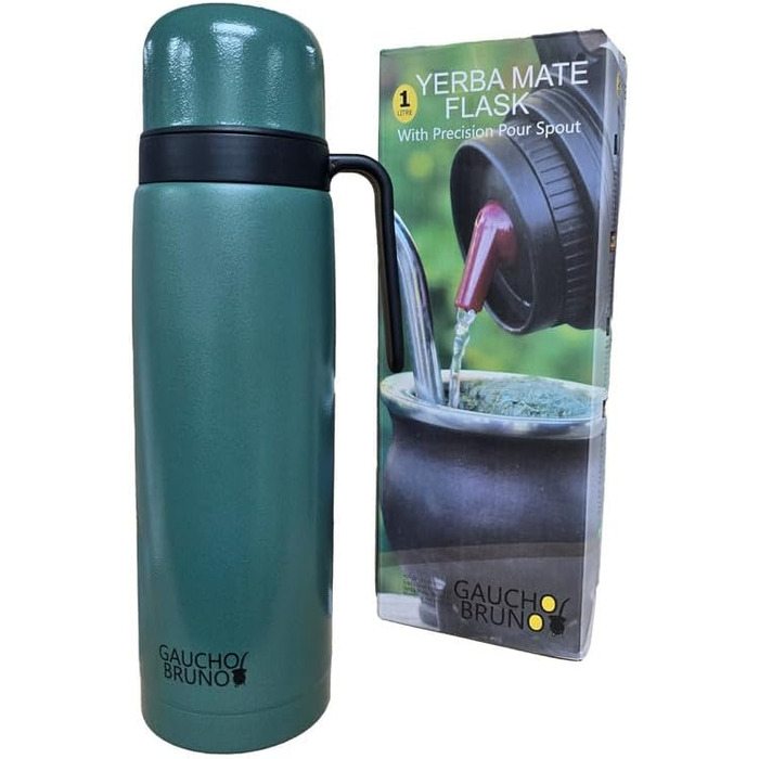 Термос Gaucho Bruno Yerba Mate з носиком, ручкою та гвинтовою кришкою, нержавіюча сталь із зеленим покриттям Crinkle, для гарячих та холодних напоїв