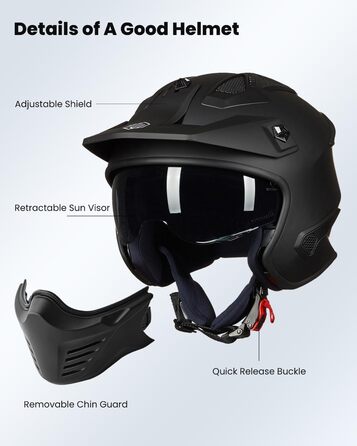 Мотошолом інтегральний IL Helmets 726X XL чорний матовий, ретро-вінтажний стиль, з візором, ECE сертифікат, для чоловіків та жінок, крос/ендуро
