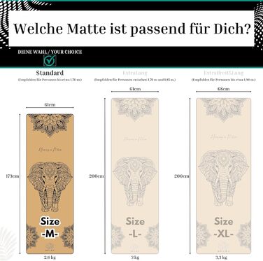 Йога-мат Kicura з корку та натурального каучуку з дизайном слона – неслизька преміум-мат, 4 мм, з ремінком – екологічна, 3 розміри (M, L, XL) (M - 173x61x0,4 см)