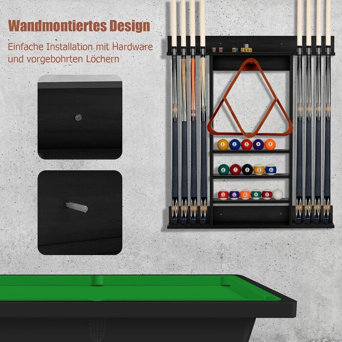 Стійка для київ GYMAX для 8 київ та аксесуарів для більярду, настінна, з дерева, для більярдних кімнат та клубів, 79 x 8 x 91 см (чорний)
