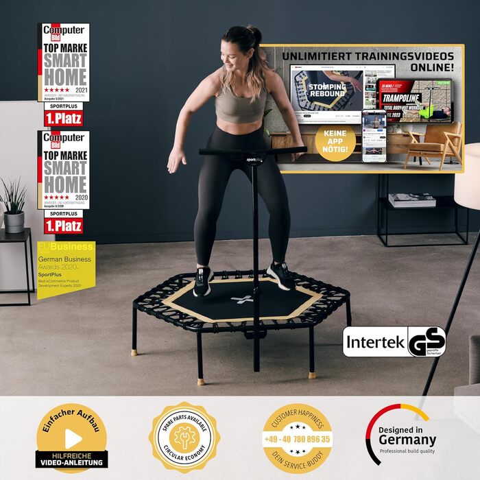Фітнес-батут SportPlus для дому та вулиці, діаметр 126 см, компактний, безшумний, на гумових тросах, навантаження до 130 кг