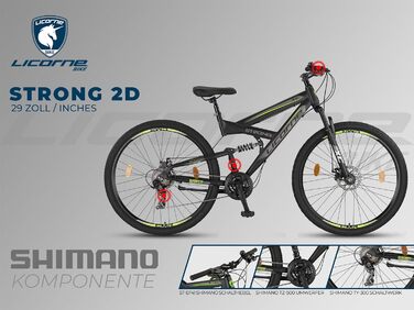 Гірський велосипед Licorne Bike Strong 2D Premium 29 дюймів для підлітків і дорослих, дискові гальма, 21 швидкість, повна амортизація, чорний/лайм